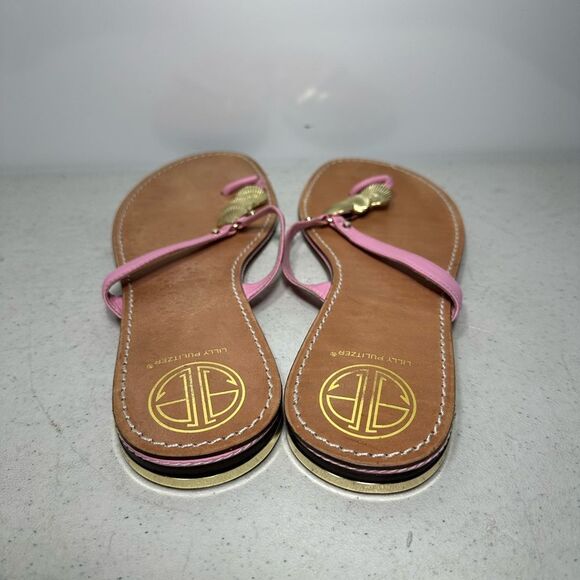 Lilly Pulitzer via Palm Beach Pink Leather Thong Sandals w/Gold Shells - Sz 10M - Picture 5 of 7